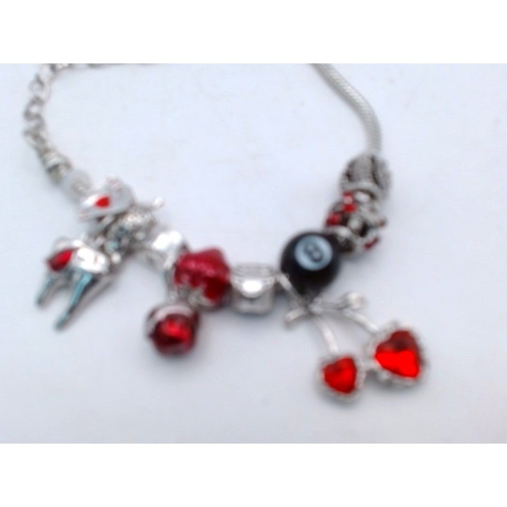 Gothic - Y2K Style 8 Ball & Cherry Charm Bracelet & Ring Set, 11 Charms, BN
